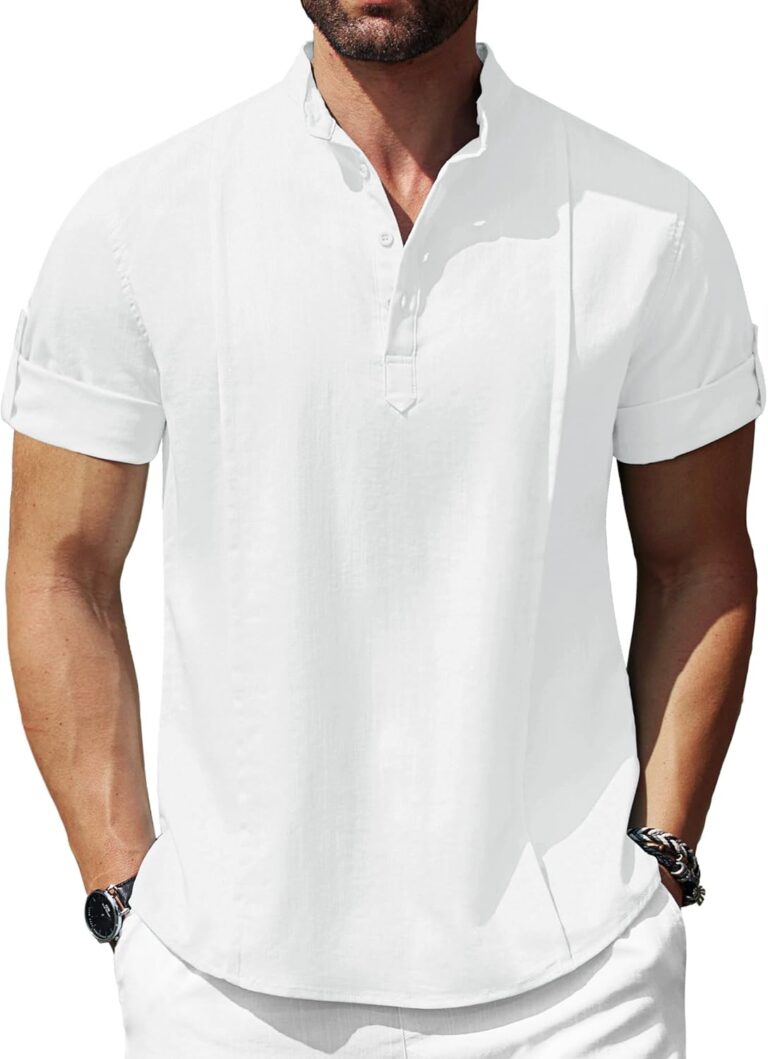 COOFANDY Men’s Linen Henley Shirts Short Sleeve Casual Banded Collar Shirt Summer Beach Hippie T Shirts