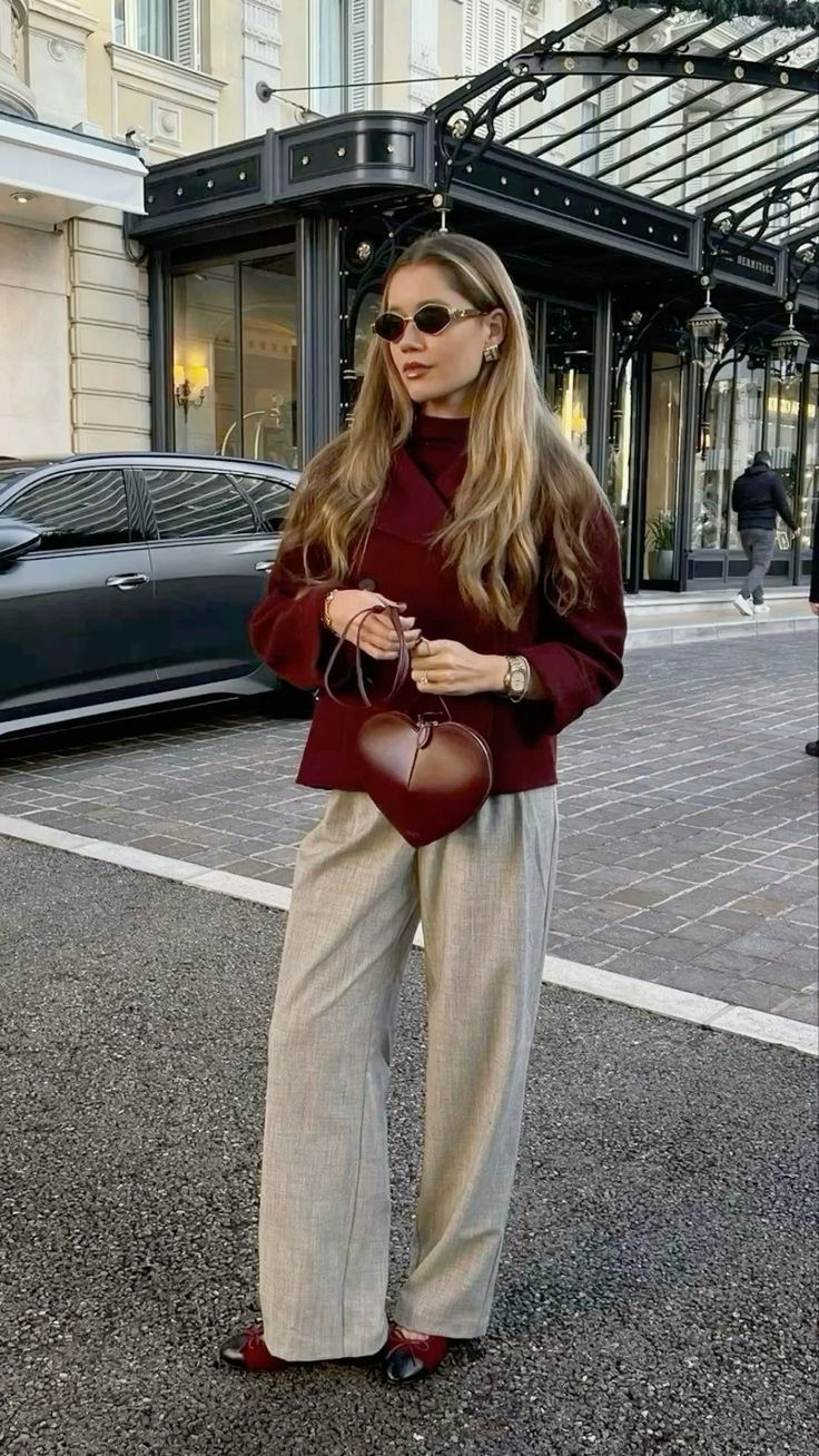 Burgundy outfit with burgundy bag