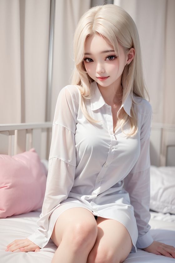 Cute little woman, pajamas, Bed room