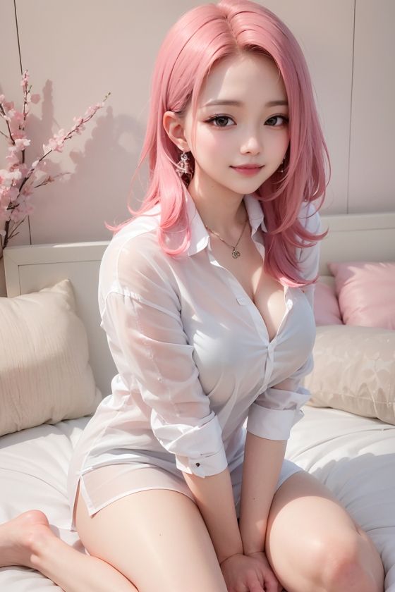 Cute little woman, pajamas, Bed room