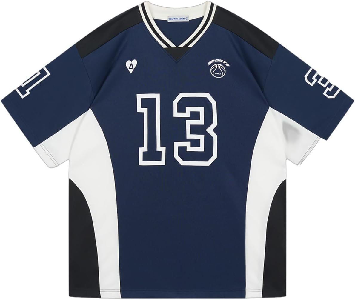 Aelfric Eden Jersey Shirts Color Blocking V-Neck Tee Oversized Vintage T Shirt Short Sleeve Casual Summer Tops