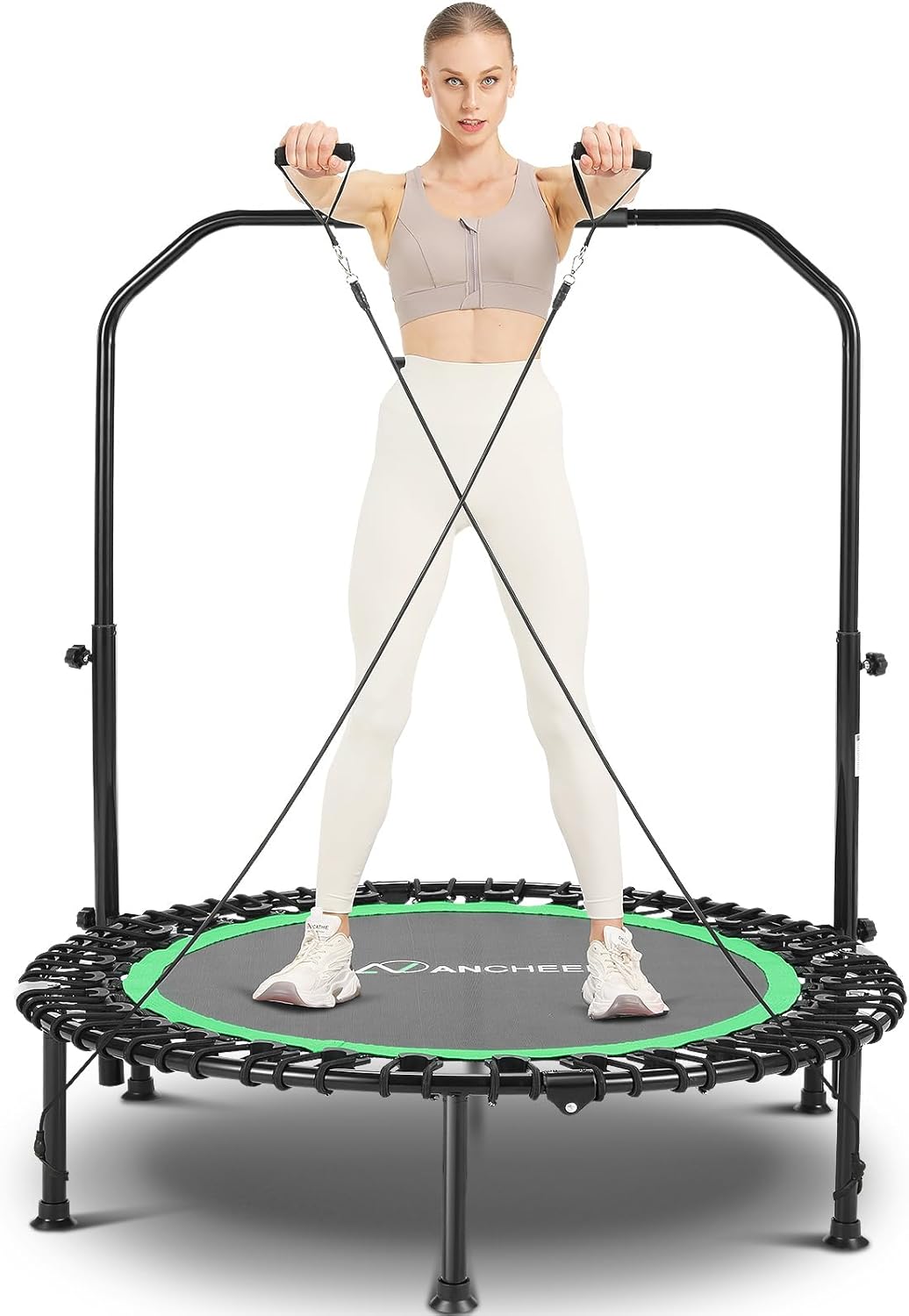 ANCHEER 40″ Foldable Mini Trampoline,Max Load 450lbs/550lbs Indoor Trampoline,with 4 Level Adjustable Foam Handle and Resistance Bands,Adult Exercise Trampoline for Home, Garden, and Gym