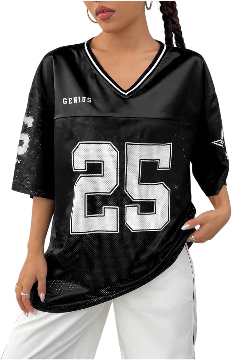 SOLY HUX Women’s Y2k Baggy T-Shirts V Neck Half Sleeve Sportswear Tees Jersey Top Streetwear