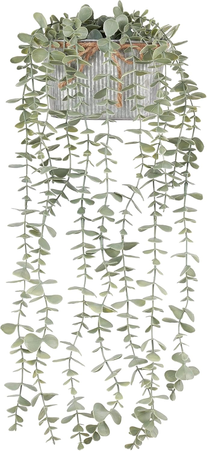 Mkono Fake Hanging Plants in Farmhouse Galvanized Pots Rustic Faux Potted Eucalyptus Greenery Indoor Artificial Plants for Book Shelf Mantel Living Room Bathroom Bedroom Home Office Decor (1, Grey)