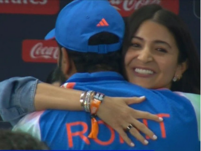 Anushka Sharma hugs Rohit Sharma after India clinch Champions Trophy 2025