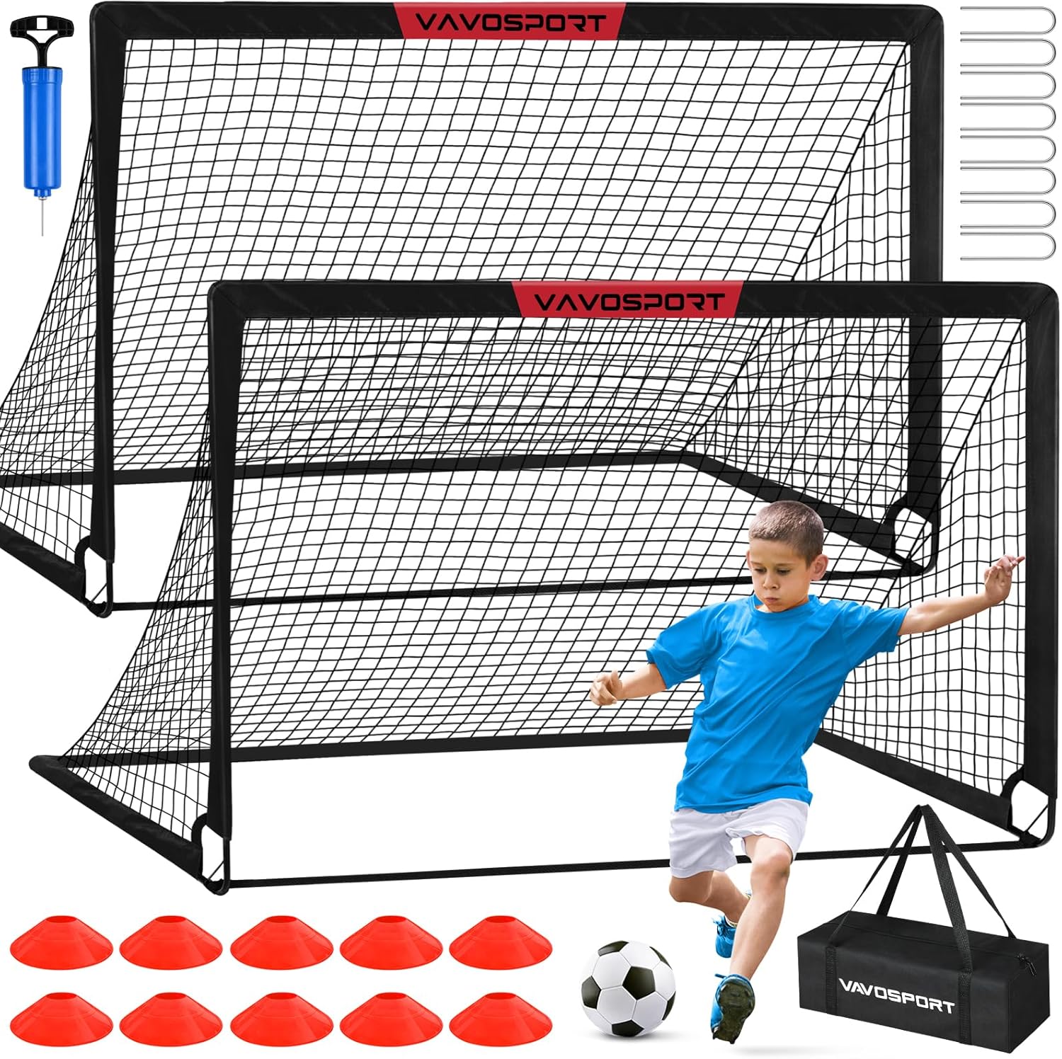 Kids Soccer Goals for Backyard Set – 2 of 6×4 ft Portable Soccer Goal Training Equipment, Practice Soccer Net with Soccer Ball, Cones, Bag, Soccer Set for Kids Youth Toddler Games, Sports Outdoor Play