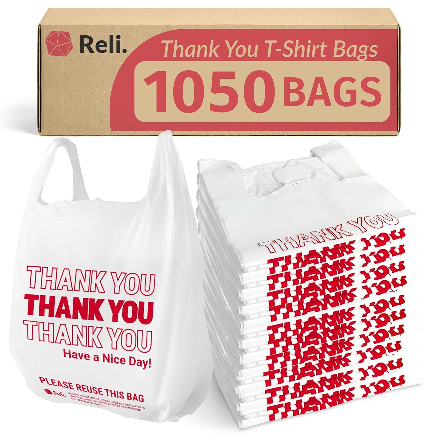 Reli. Plastic Bags Thank You (1050 Count) | White Grocery Bags with Handles | Shopping (Plastic)