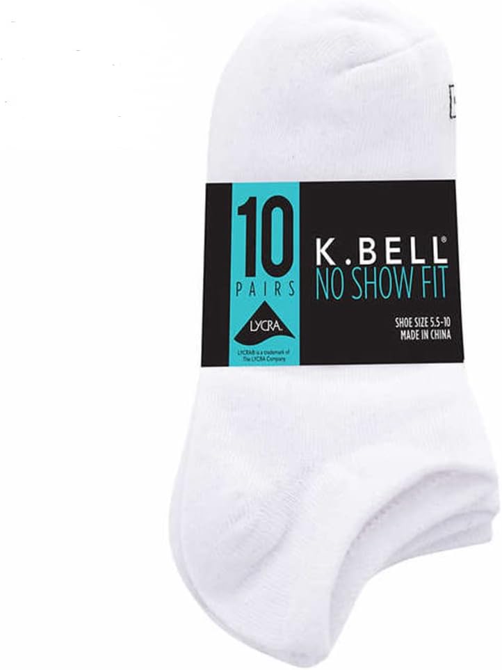 K. Bell Ladies – No Show Sock – 10 Pair Pack (Sock size 4-10, White)