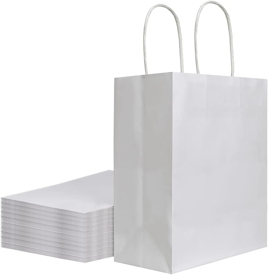 bagmad 50 Pack 8×4.75×10 inch Medium White Kraft Paper Bags with Handles Bulk, Gift Bags, Craft Grocery Shopping Retail Birthday Party Favors Wedding Sacks Restaurant Takeout, Business (50Pcs)