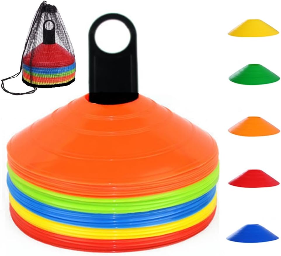 Soccer Cones (50 Pcs), Disc Cone Agility Training Sports Cone Plastic with Carry Bag & Holder for Kids Football Basketball Drills Field Markers, (5 Colors)