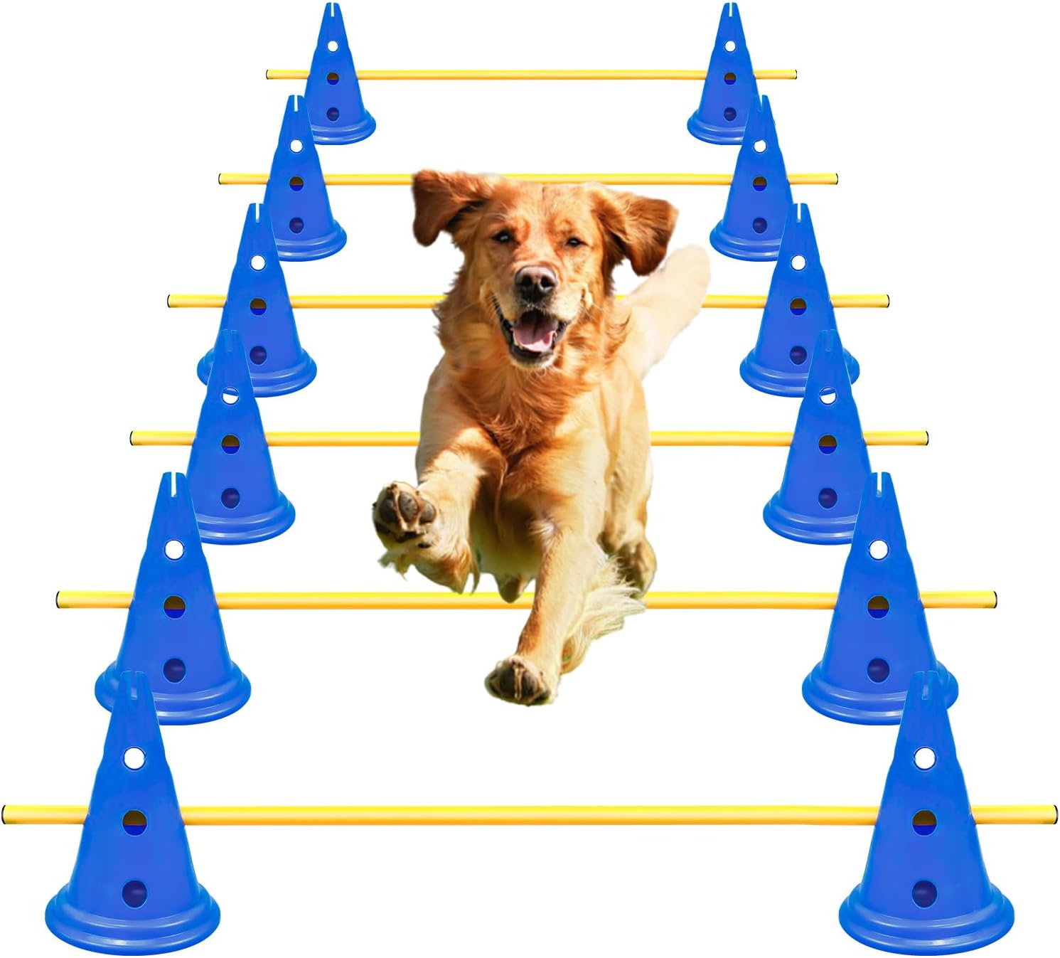 FOTN Dog Agility Hurdle Cone Set Dog Agility Course Backyard Set Include 12 Agility Cones 6 Agility Rods Agility Training Equipment Height Adjustable Obstacle with Storage Bag (Blue)