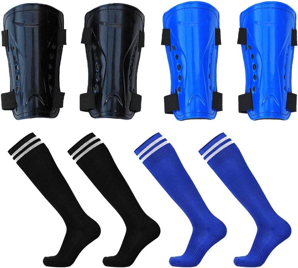 2 Pairs Kids Soccer Shin Guards & 2 Pairs Football Soccer Socks Perforated Breathable Pads Protector Calf Protective Gear Equipment for 5-15 Years Kids Boys Girls Children Teenagers