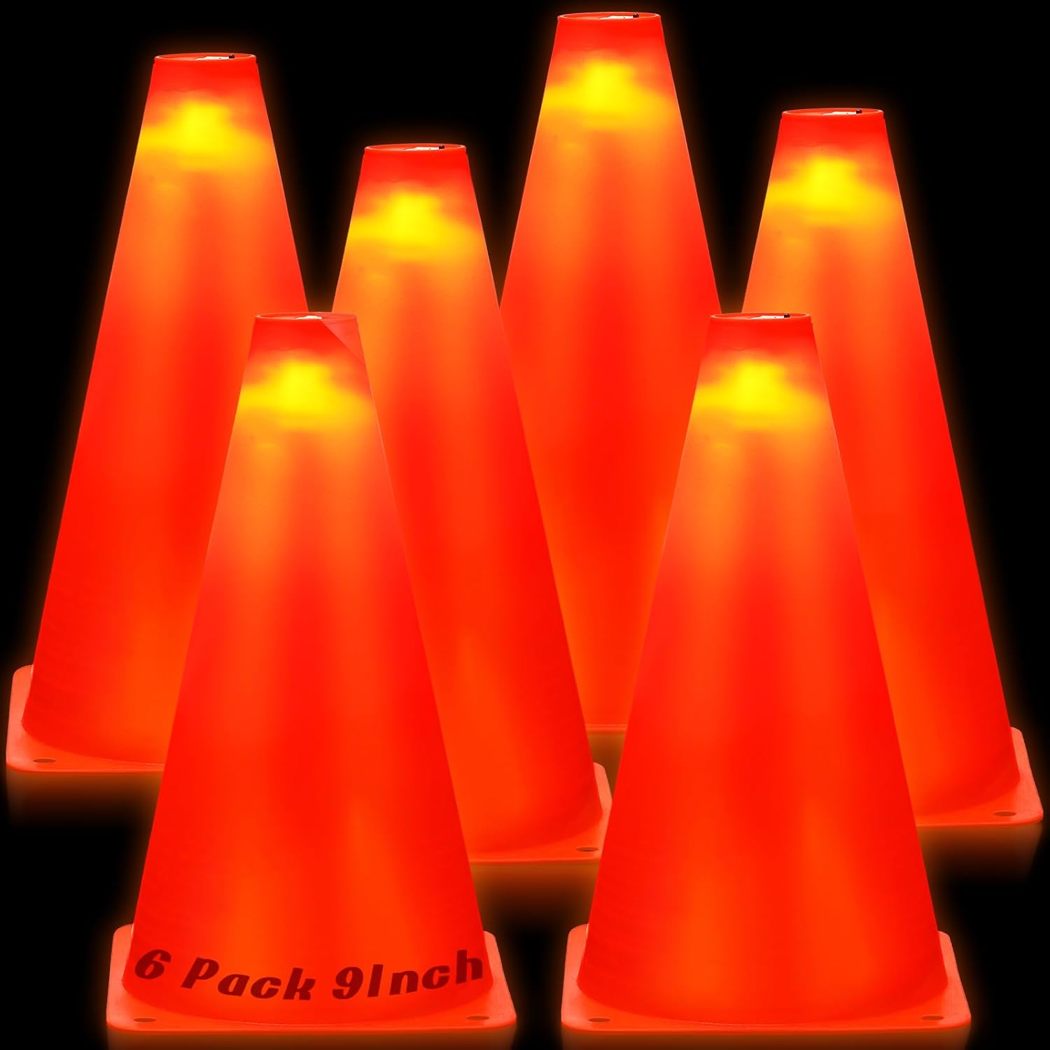 6 Pcs 9 Inch LED Light up Soccer Cones Orange Sport Plastic Traffic Training Agility Cones Glow in the Dark for Basketball Football Skating Drill Indoor Outdoor Obstacle Course Backyard Gift