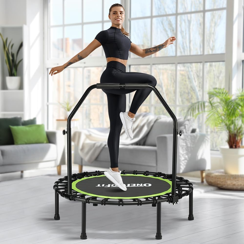 ONETWOFIT Foldable Rebounder Trampoline for Adults, 40/42/ 45” Mini Fitness Trampoline W/Adjustable Foam Handle Bungees, Quiet Exercise Trampoline for Personal Indoor Workout