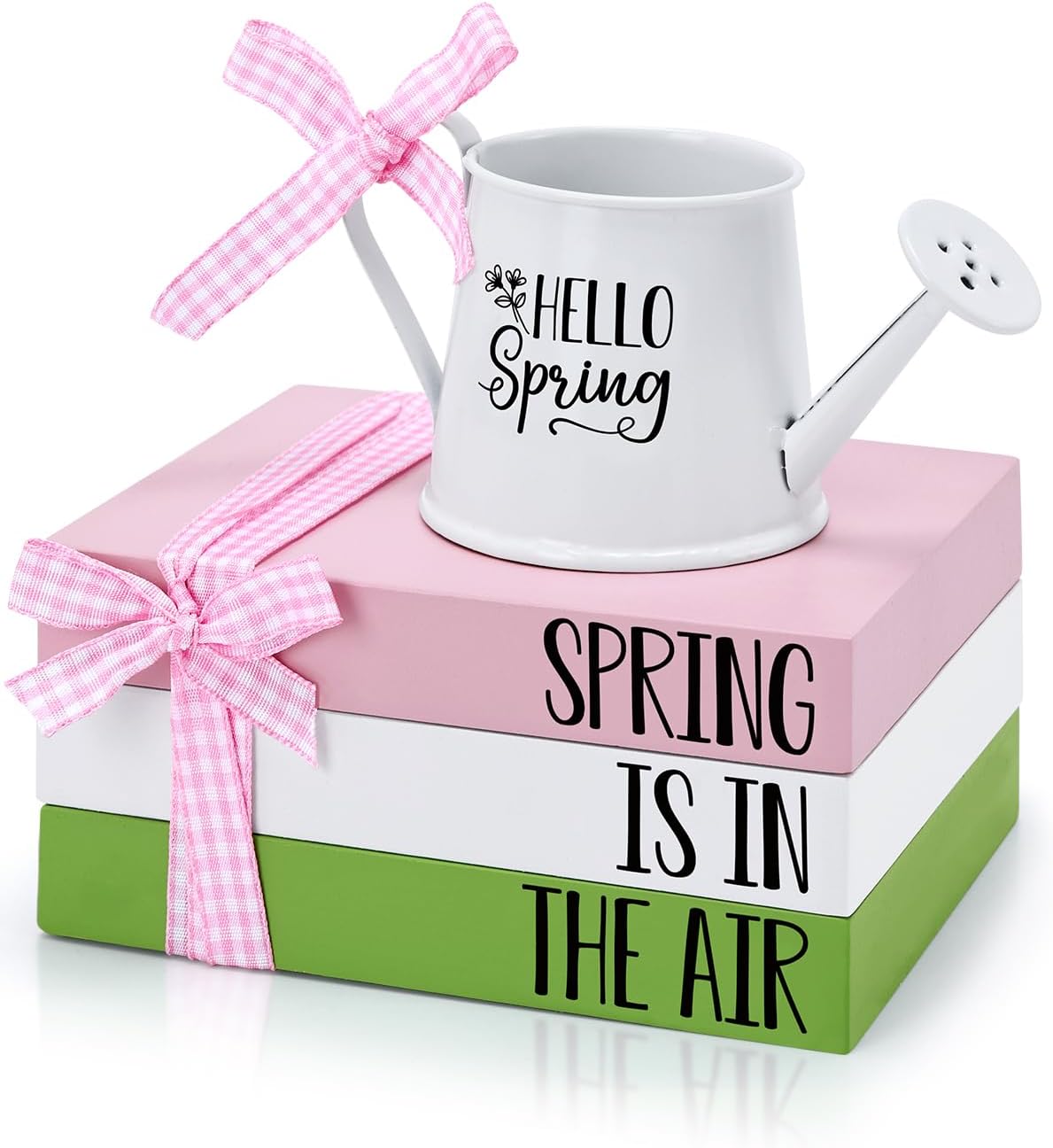 Huray Rayho Spring Tiered Tray Decor Wooden Book Stack with Metal Mini Watering Can Farmhouse Hello Spring Decorative Items for Indoor Shelf Kitchen Holiday Home Accent for Guest Bathroom Living Room