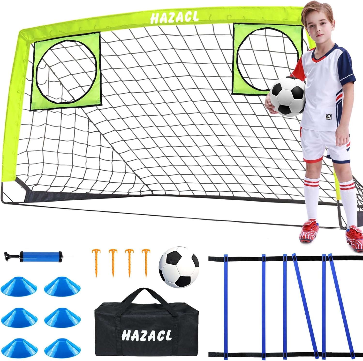 Kids Soccer Goal for Backyard, 6×4 9×5 FT Portable Soccer Nets Pop Up with Ball, Agility Ladder, Cones, Target & Carry Bag for Toddler Youth Outdoor Indoor Training Practice Sports Games Play