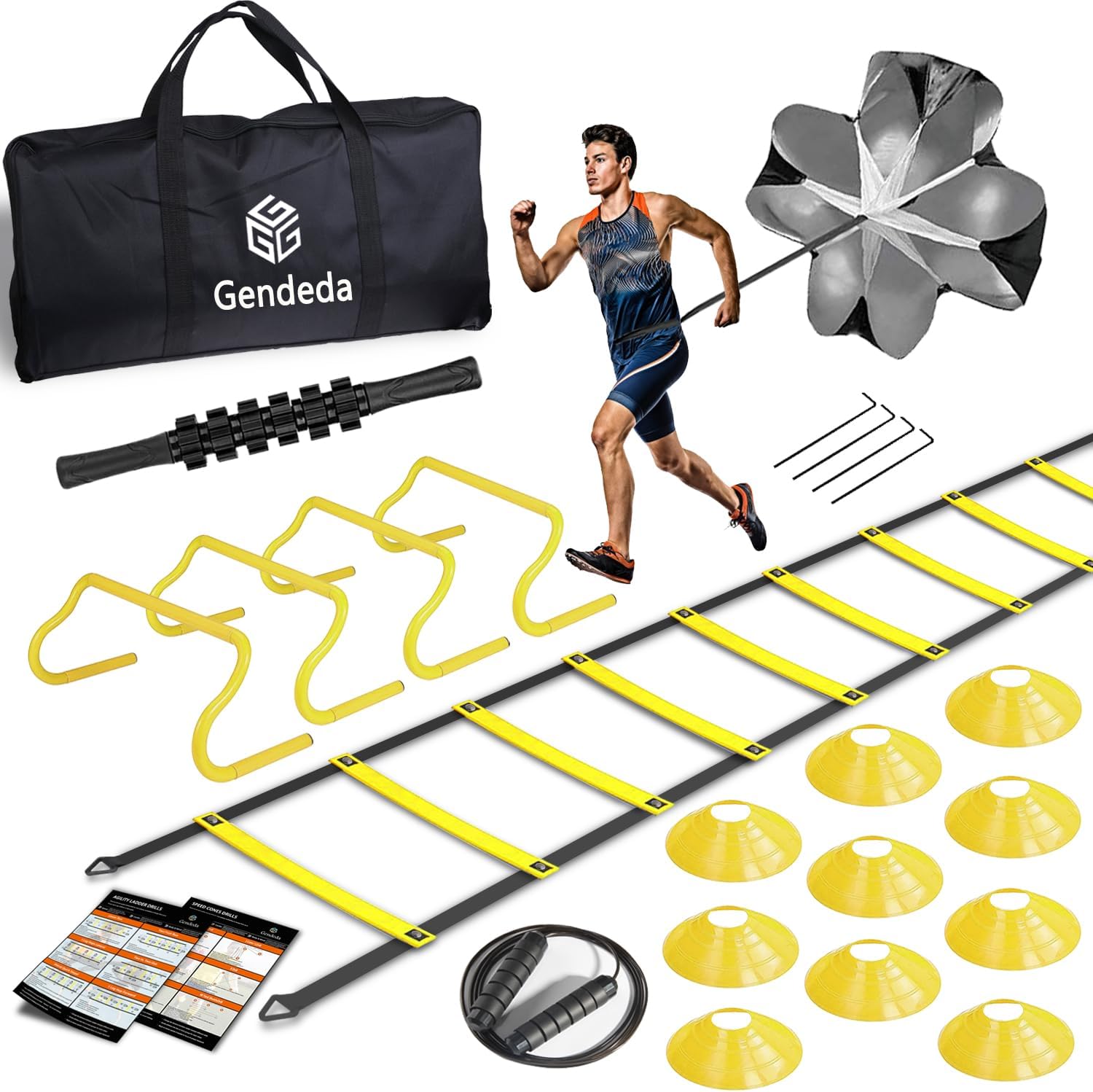 Agility Ladder Speed Training Equipment Set-20ft Fixed-Width Agility Ladder 4 Adjustable Hurdles Running Parachute Jump Rope Speed Training Equipment for Soccer Football Basketball