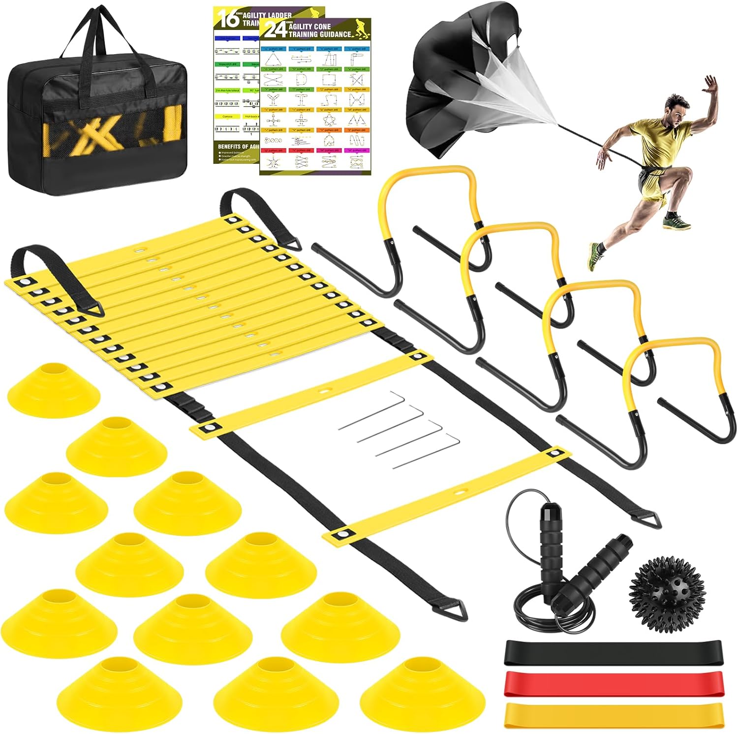 Agility Speed Training Equipment Set – 20ft Speed Ladder, 12 Cones, 4 Adjustable Hurdles, Jump Rope, Parachute, 3 Resistance Bands | Ideal for Basketball, Football, Soccer, for Kids, Youth, Adults