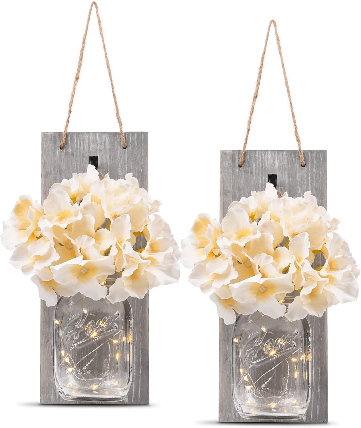 HOMKO Decorative Mason Jar Wall Decor – Rustic Wall Sconces with 6-Hour Timer LED Fairy Lights and Flowers – Farmhouse Home Decor (Set of 2)