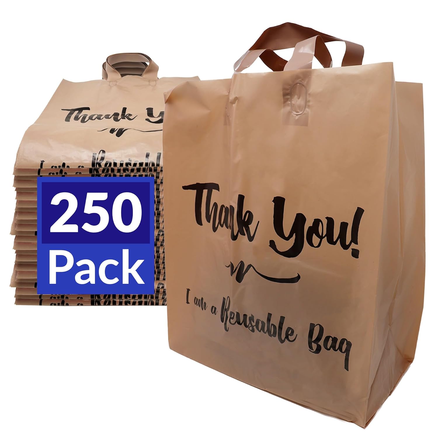 Reli. Reusable Thank You Bags | 250 Pack Bulk | 2 Mil | Brown/Kraft Shopping Bags with Handles | Take out/ToGo | Food, Grocery, Retail | 12″ L x 6.75″ W x 14″ H | Self-Standing, Gusset (Plastic)