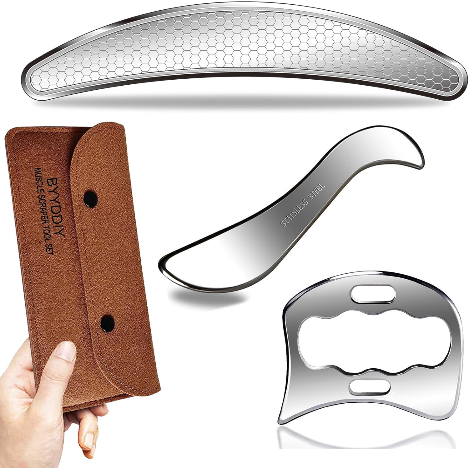 BYYDDIY 3 in 1 Stainless Steel Muscle Scraper Tools Set,Scraping Massage Tools for Physical Therapy,Derma Edge & GuaSha Massage Scraper Tool,IASTM Tools,Guasha Tool for Body