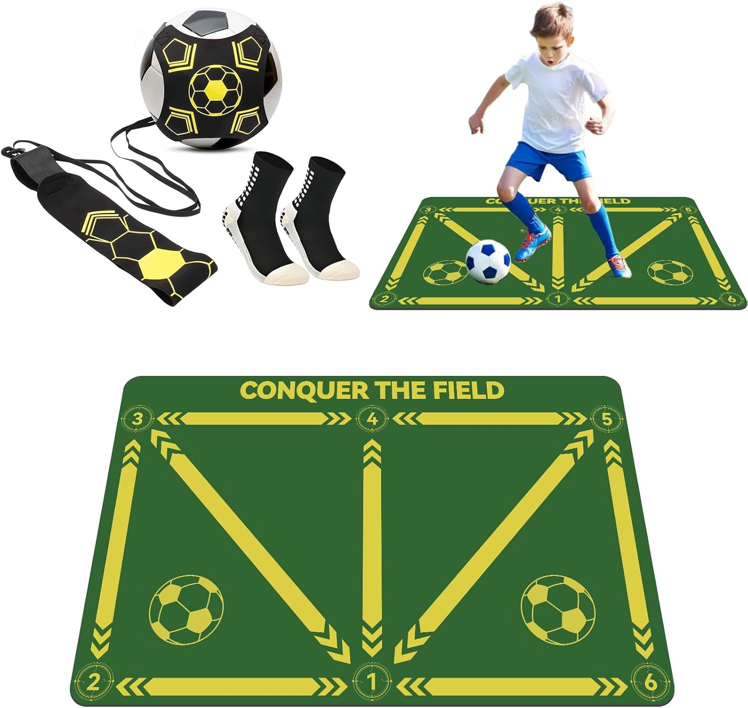 Soccer Training Mat,Football Footstep Training Mat,Agility Improve Ball Control,Quiet and Non-Slip, Includes Adjustable Elastic Rope and Non-Slip Socks, Perfect for Indoor and Outdoor Training