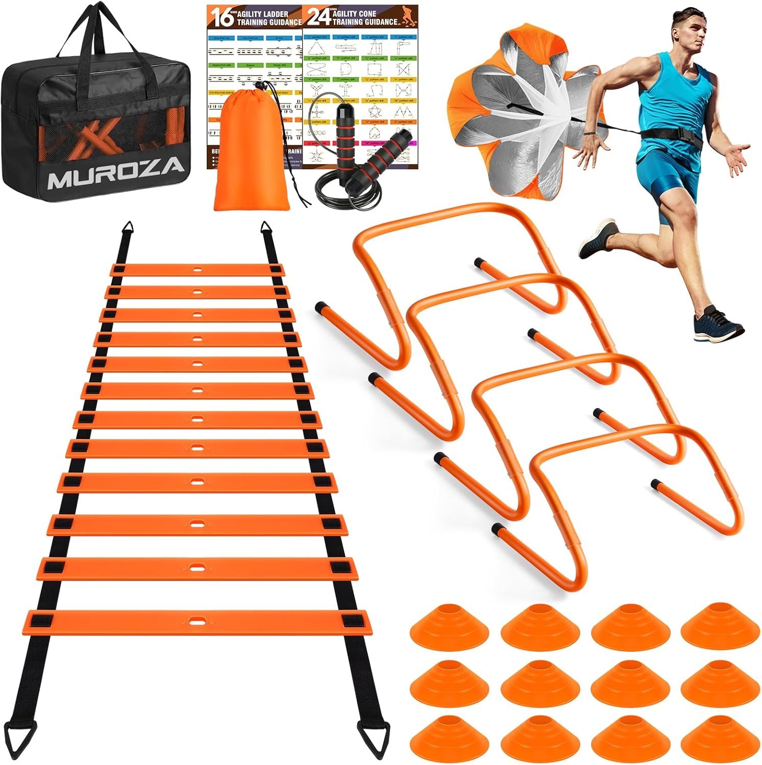 Agility Ladder Speed Training Equipment Set-20ft Agility Ladder,12 Soccer Cones,4 Hurdles, Jump Rope, Running Parachute, Basketball Football Soccer Training Equipment for Kids, Youth, Adults