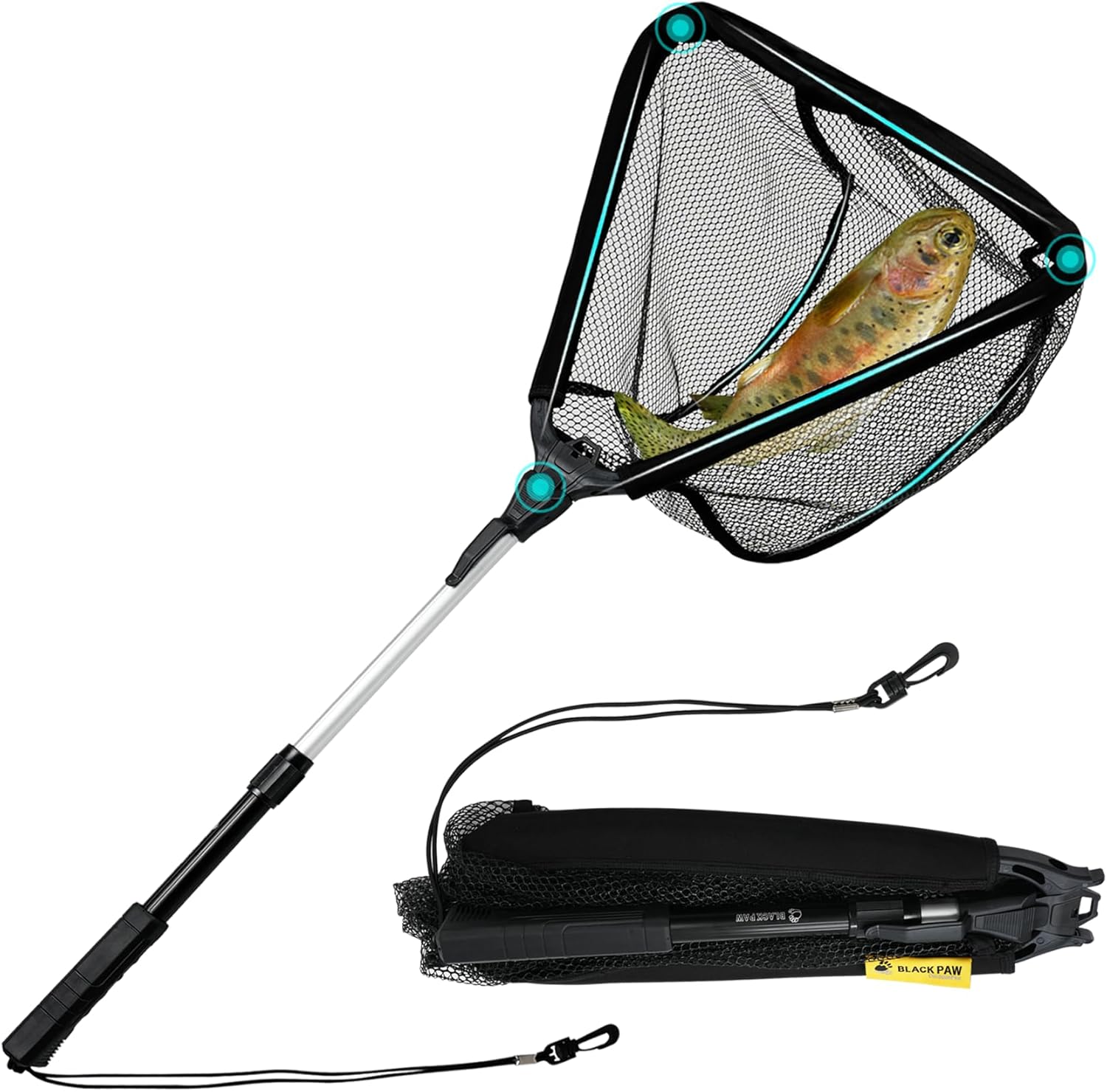 Black Paw Floating Fishing Net Foldable Telescopic Fish Landing Net Rubber Coated Fishing Net for Kayak, Fly, Trout, Fishing Net Freshwater Saltwater