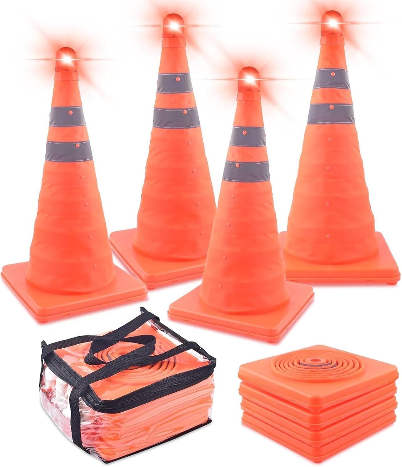 ERKOON 4 Pack 18 inch Collapsible Traffic Cones with Bag, Safety Cones with 4 LED Safety Road Parking Cones Driving Construction Cones Fluorescent Orange Pop Up Reflective Safety Traffic Cones