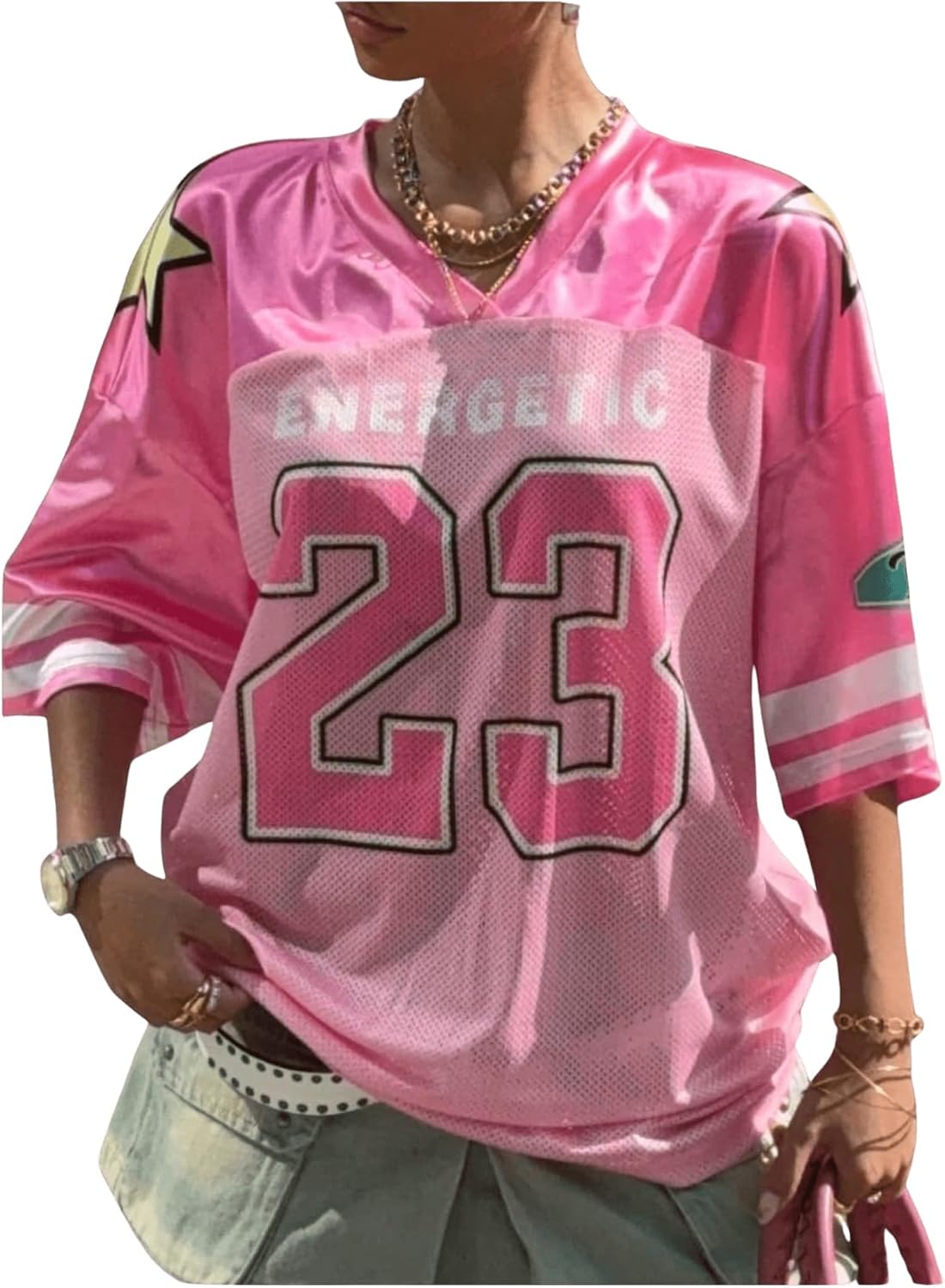 GORGLITTER Women’s Y2k Oversized Jersey Shirts Number Graphic Print Patchwork Half Sleeve Tee Streetwear