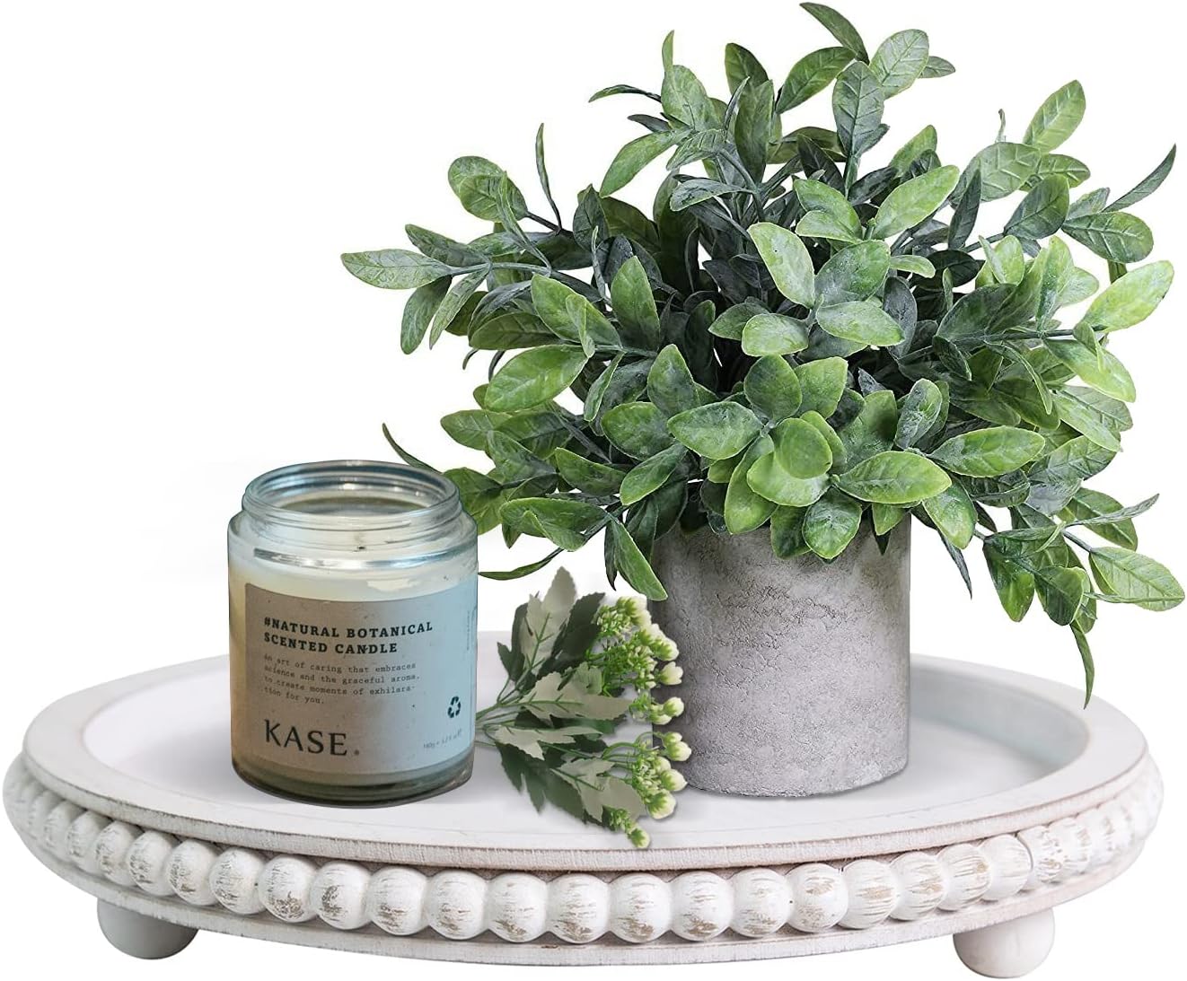 12in Round Wood Beaded Tray – White, Distressed, Farmhouse Rustic – Decorative Tray for Living Room, Coffee Table, Kitchen Table or Farmhouse Serving Tray