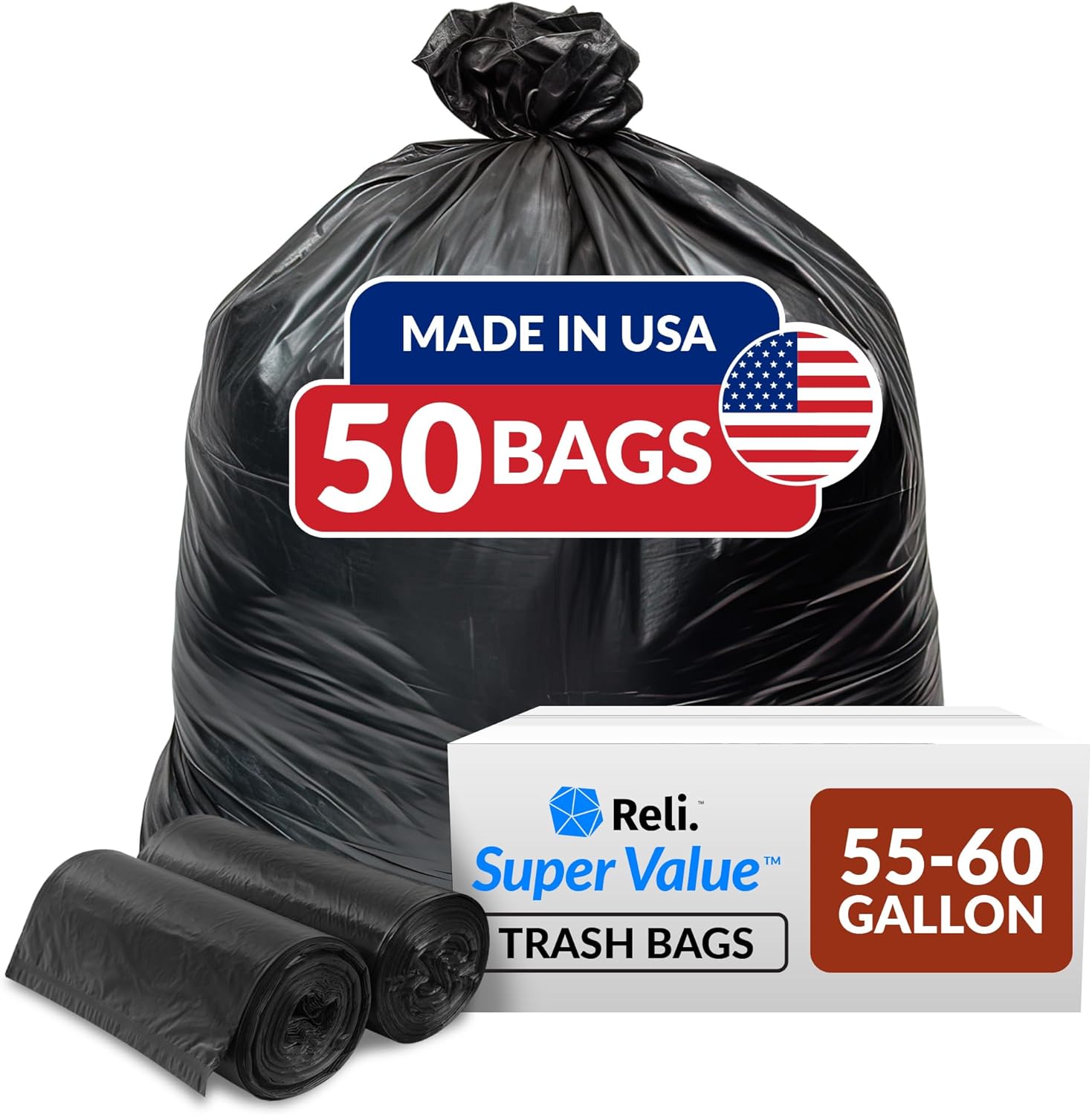Reli. 55-60 Gallon Trash Bags Heavy Duty | 50 Bags | 50-60 Gallon | Large Black Garbage | Made in USA