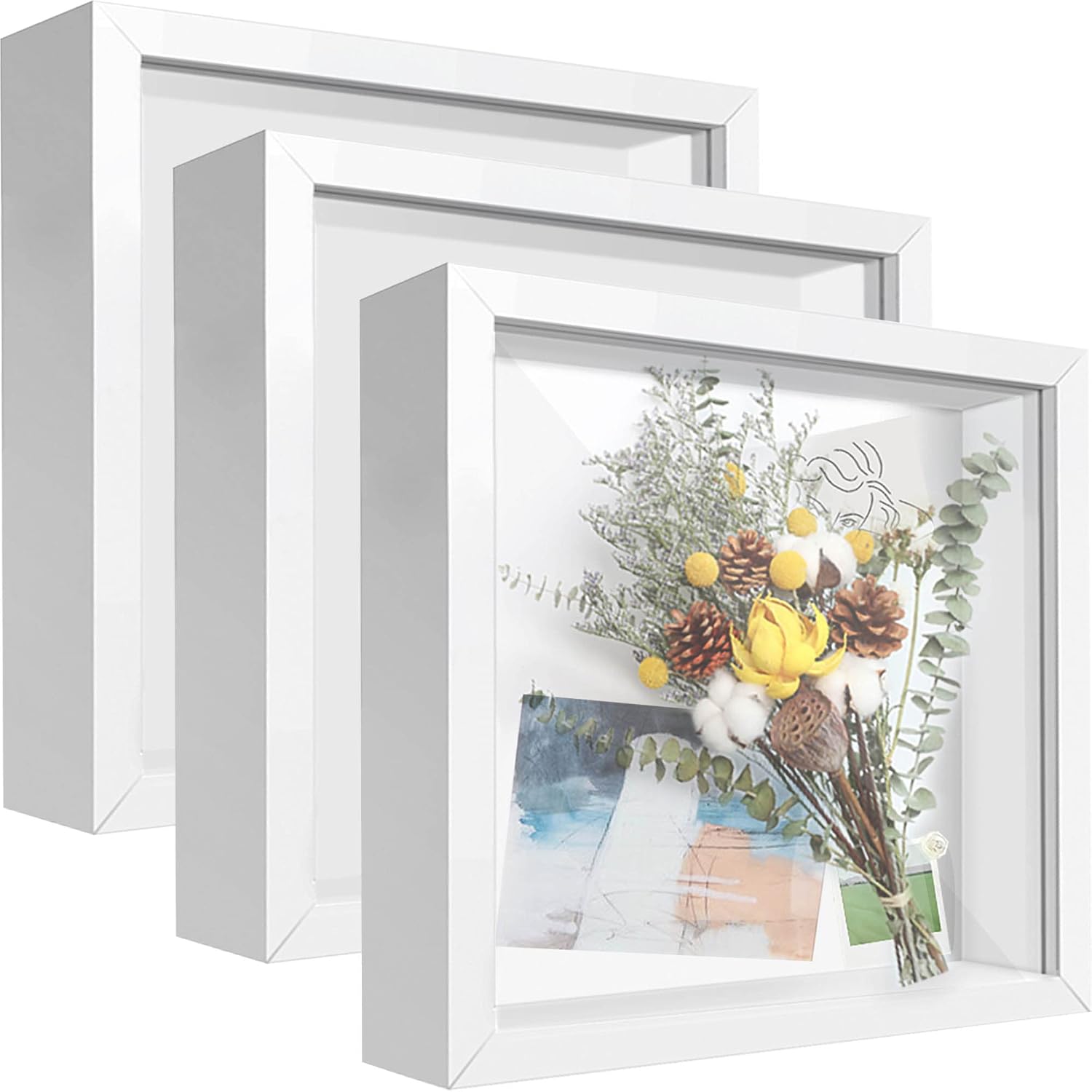 8×8 Shadow Box Frame Display Case with Letter Stickers, 3D Picture Frame, Display Case Box for Memorabilia, Baby Items, Wedding Memories, Crafts, Tickets and Photos (3Pcs-White, 8×8)