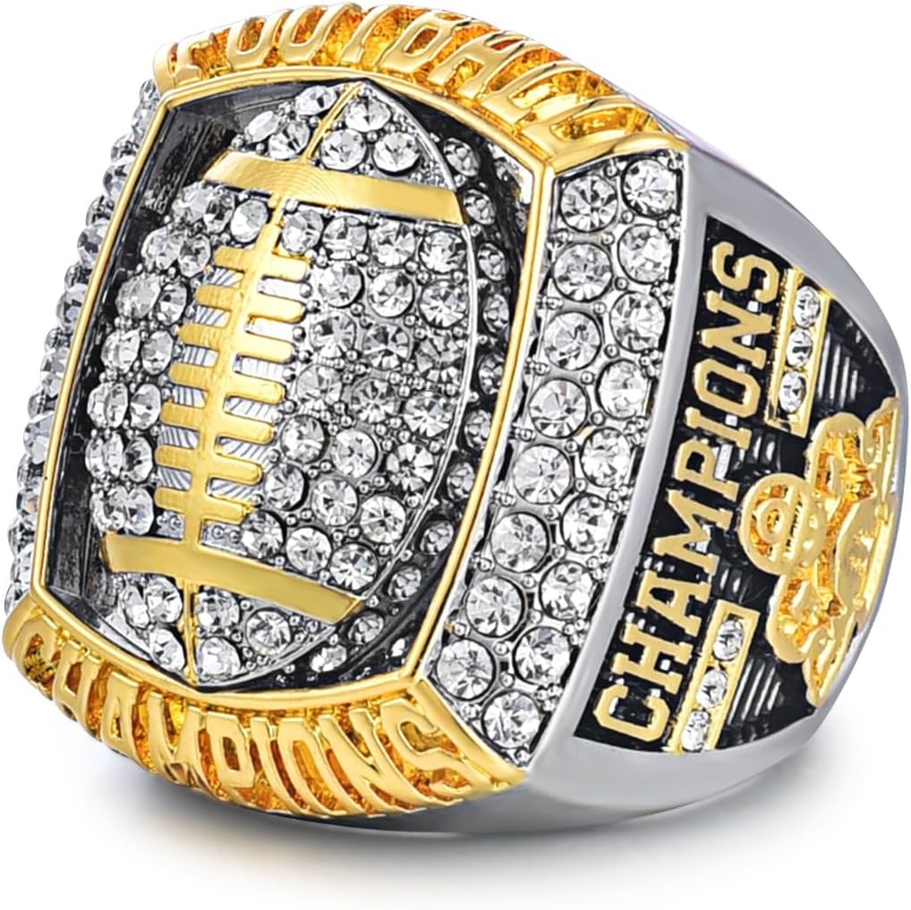Football Championship Ring, Crystal Rhinestone Studded, Two-Tone Gold and Silver, Sports Champions Memorabilia