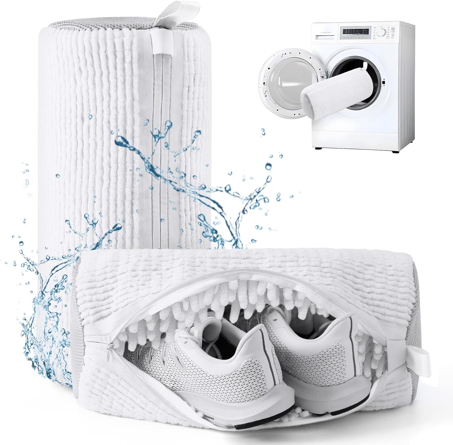Shoe Bag for Washing Machine, Invisible Zipper Side Opening Shoe Laundry Bags for Washer and Dryer, Sneaker Washing Bag, Reusable Shoe Cleaning Bag for All Shoe Sizes (White 2pcs)