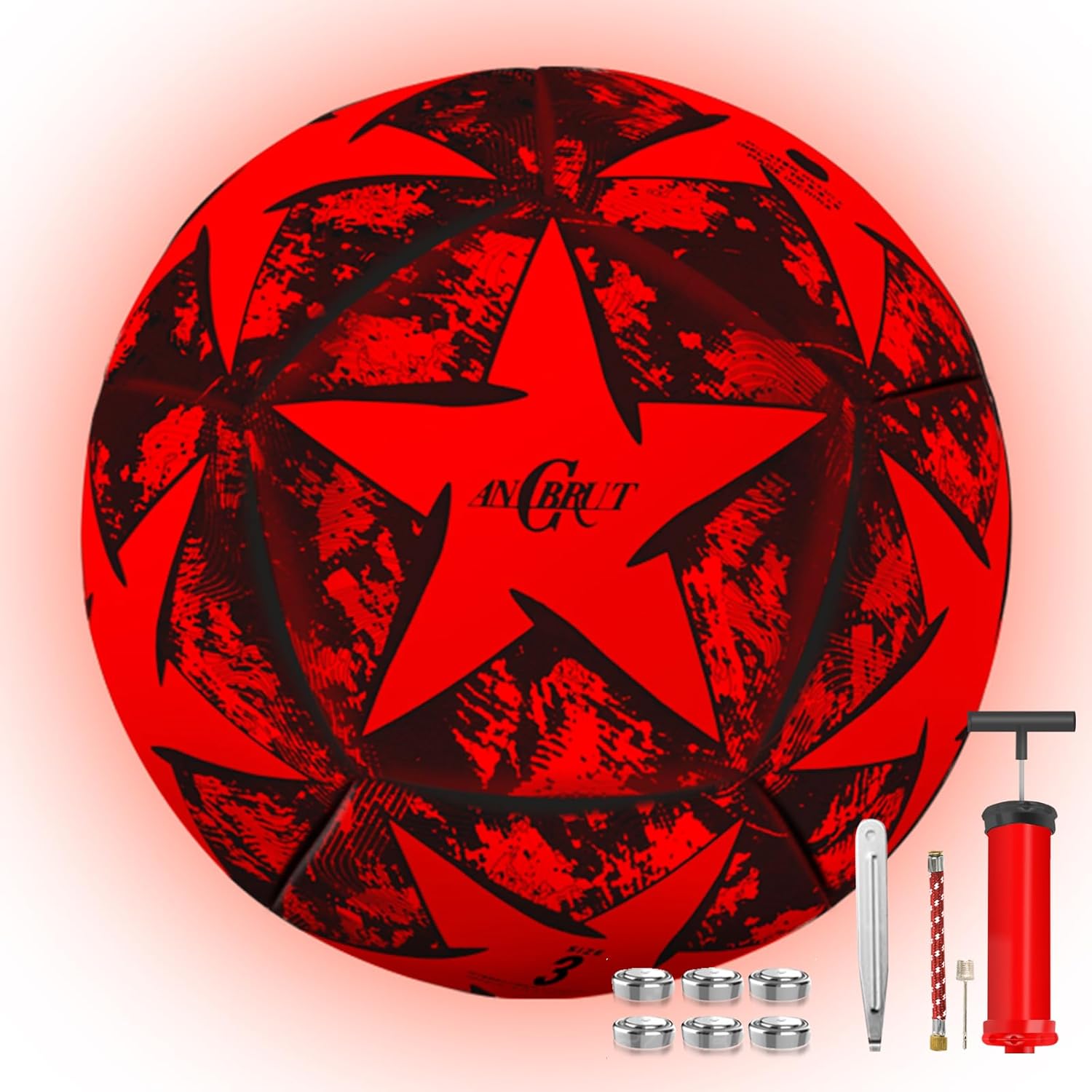 Glow in The Dark Soccer Ball, Light Up Indoor&Outdoor, Gifts for 3-15 Kids/Teens, Red LED Lights, Pre-Installed Batteries, Includes Pump-Size 3/4/ 5