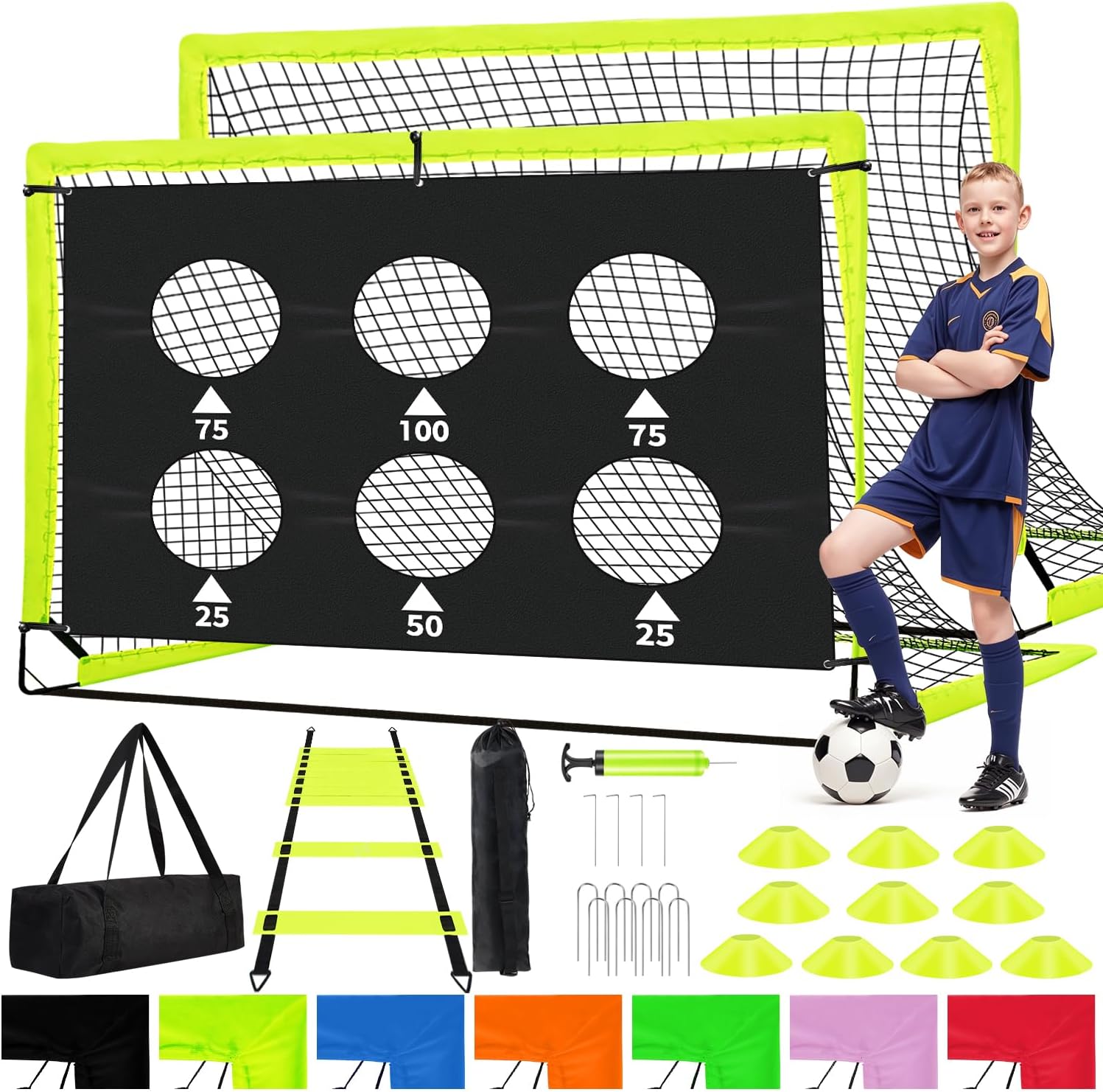 Kids Soccer Goals for Backyard Set of 2-6×4 ft Portable Pop Up Soccer Nets Training Equipment with Soccer Ball, Ladder, Cones, Ideal Birthday for Kids Ages 3-5 6-8 8-10 10-12
