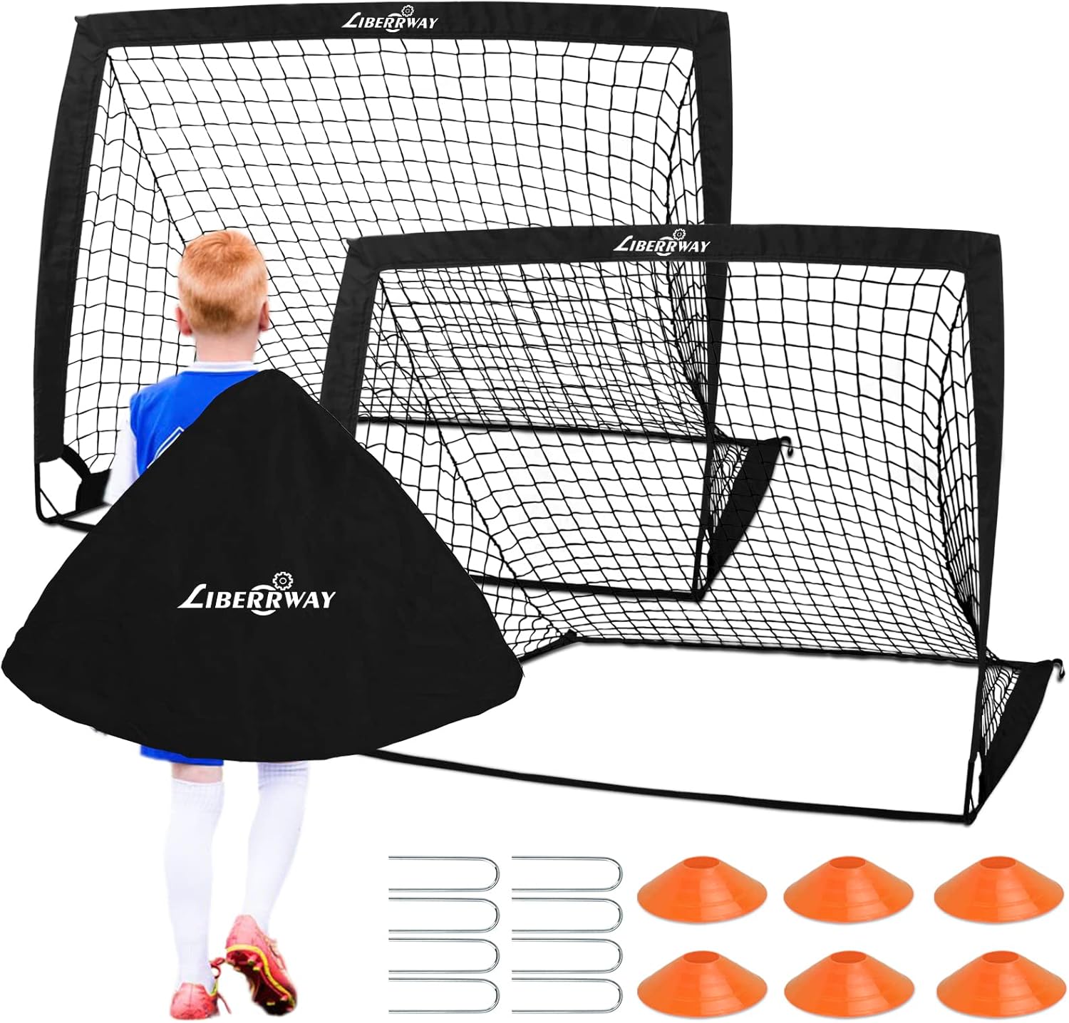 LIBERRWAY Soccer Goal 4’x 3′ Portable Kids Soccer Goals for Backyard or Indoor Pop Up Soccer Net with 6 Training Cones, Carrying Bag, 8 Ground Stakes