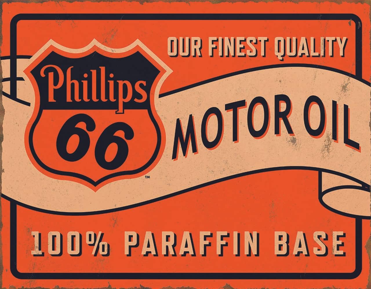 Desperate Enterprises Phillps 66 Motor Oil – 100% Paraffin Base Tin Sign – Nostalgic Vintage Metal Wall Decor – Made in USA