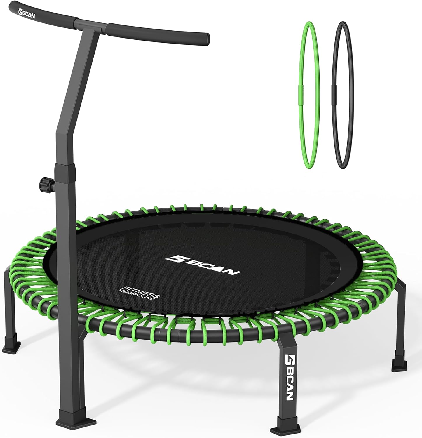 BCAN 500/560 LBS Soft Land Mini Trampoline, 40″/48″ Adult Fitness Trampoline, Bungees, T Shape Adjustable Foam Handle, Stable, Quiet Indoor/Garden Workout