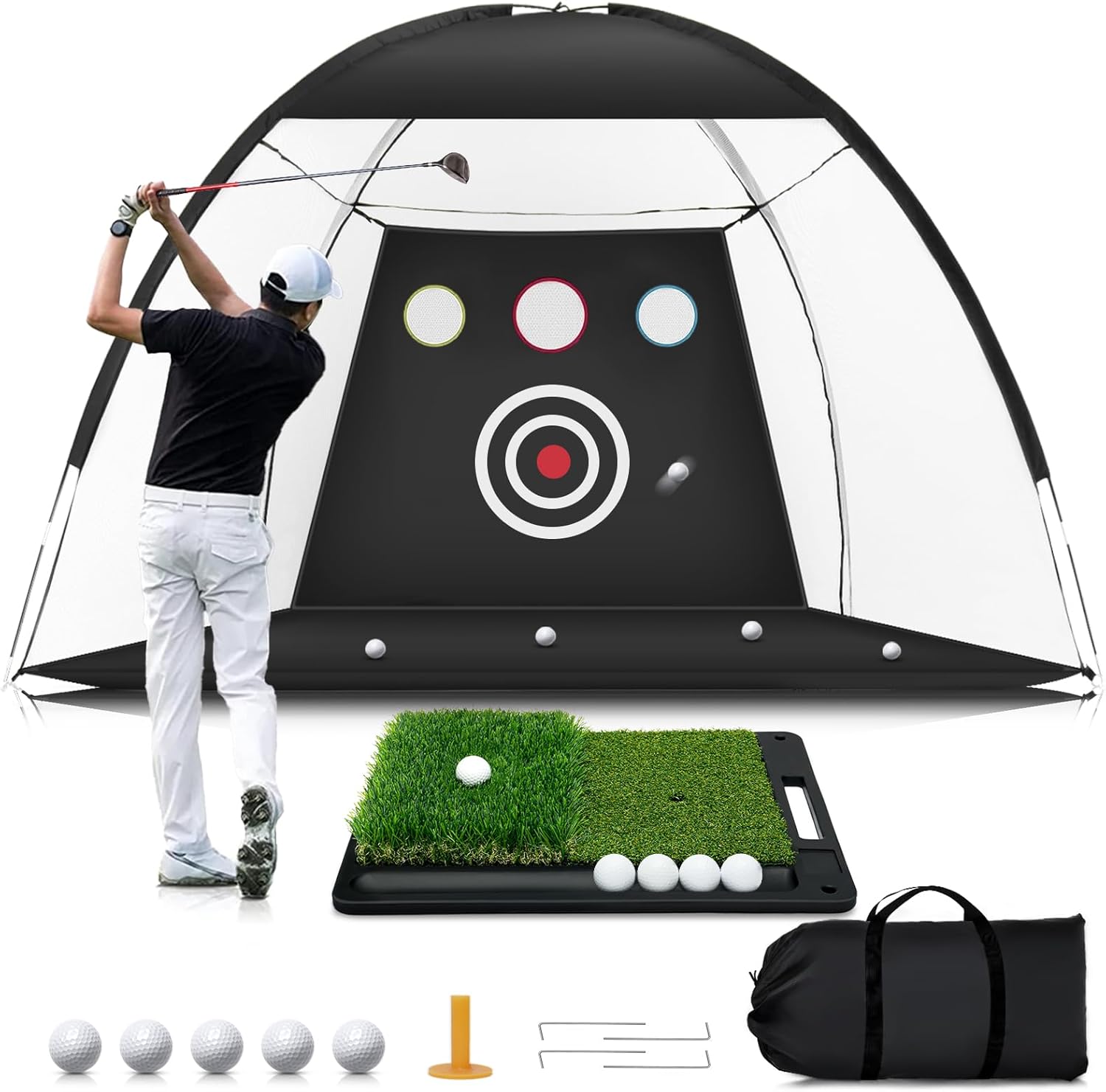 Golf Net: 10x7ft Golf Hitting Practice Net for Backyard Driving Chipping Swing Training with Non-Slip Heavy-Duty Base Hitting Mat for Indoor or Outdoor Use, Gifts for Men Dad Husband Boys and Golfers