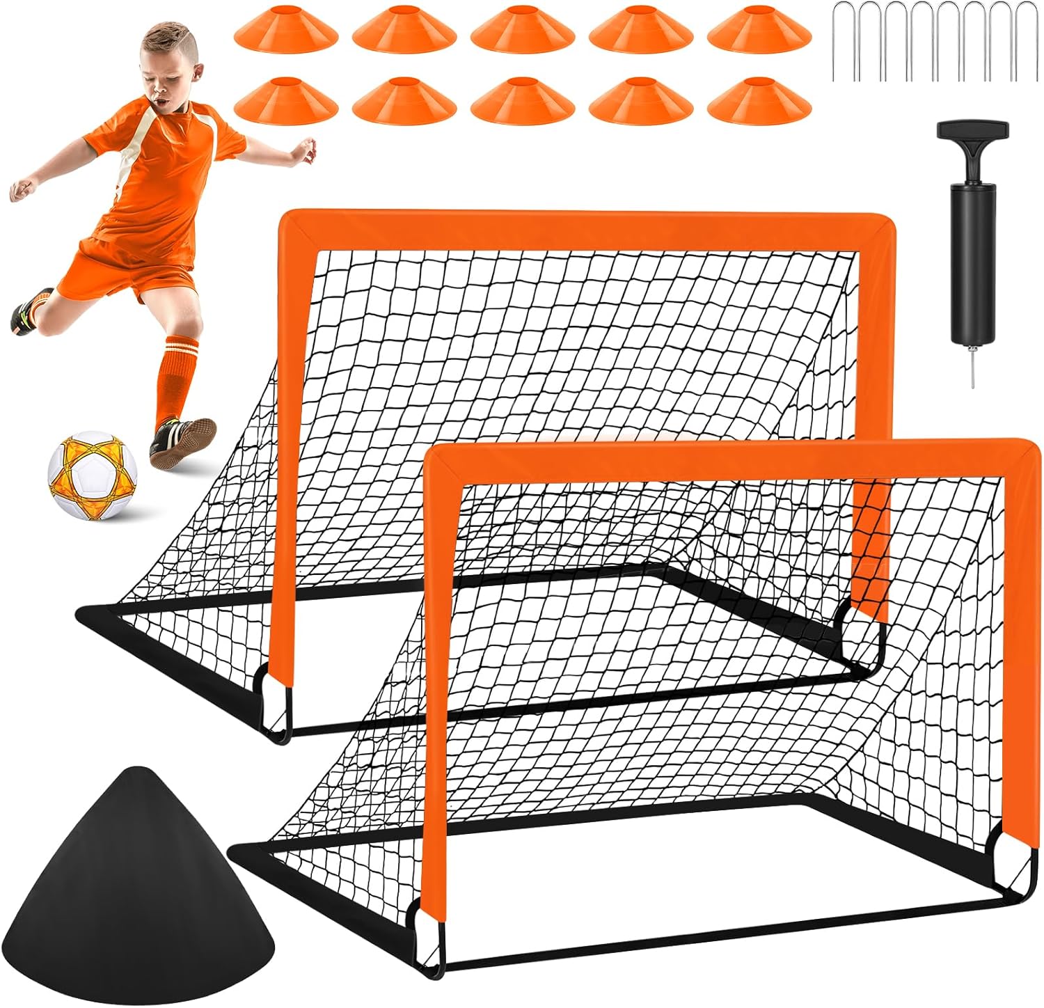 Soccer Goals for Backyard Set, 2 of 4×3 ft Orange Portable Soccer Goal Training Equipment for Games and Training for Backyard for Teens, Comes with Inflator, Soccer Ball, Football Cone