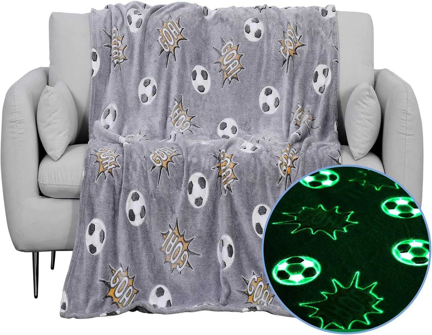 Glow in The Dark Blanket Soccer for Kids Boys Girls Fun Soft Plush Flannel Furry Fluffy Nap Sleep Blanket, Christmas Thanksgiving Birthday Magical Decor Luminous Throw 50″x60″