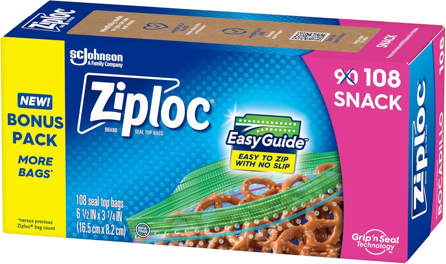 Ziploc Snack Bags with EasyGuide Texture, Small Plastic Storage Bags with Grip ‘N Seal Technology, 108 Bags Total