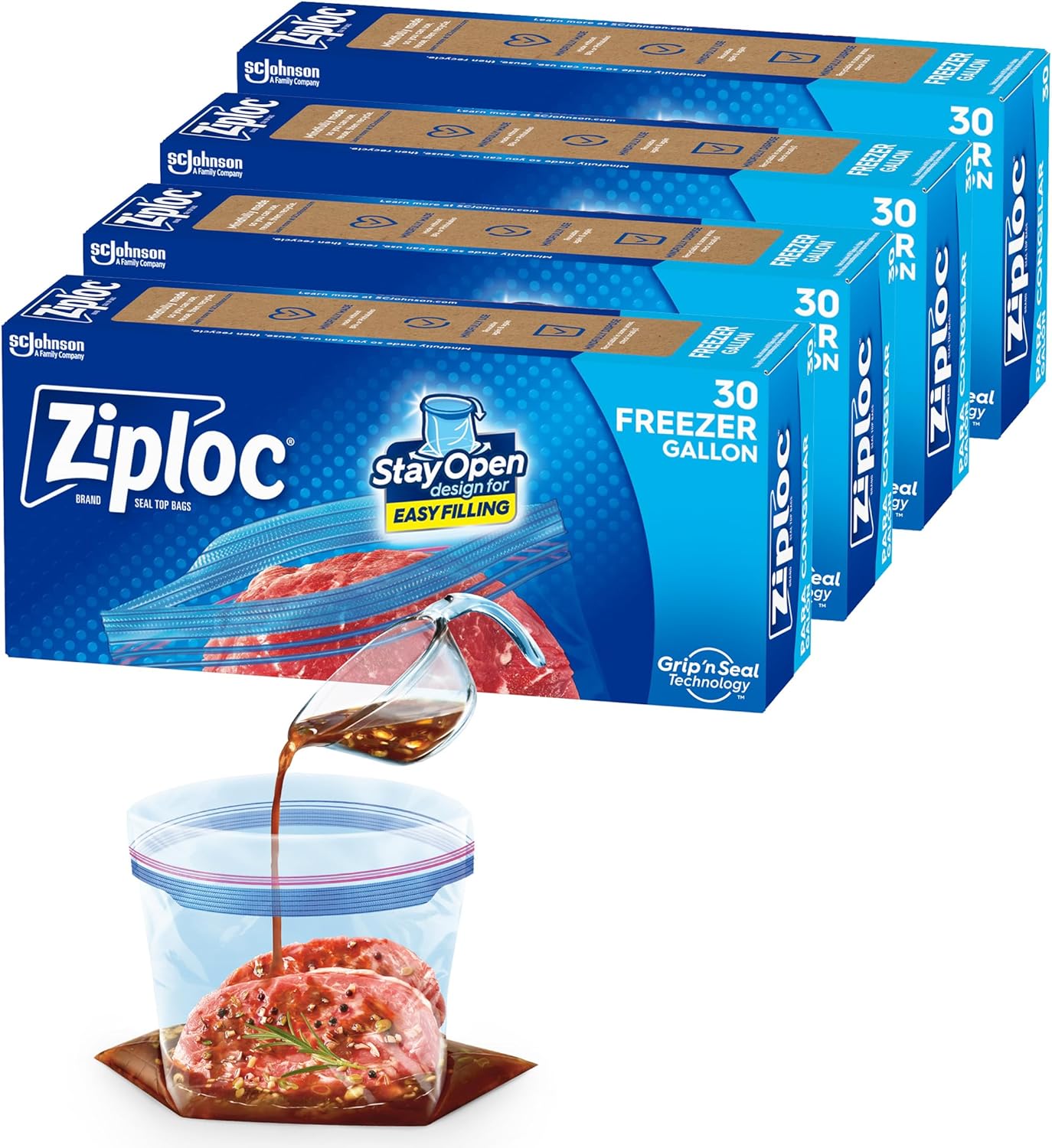 Ziploc Gallon Food Storage Freezer Bags, New Stay Open Design with Stand-Up Bottom, Easy to Fill, 30 Count (Pack of 4)