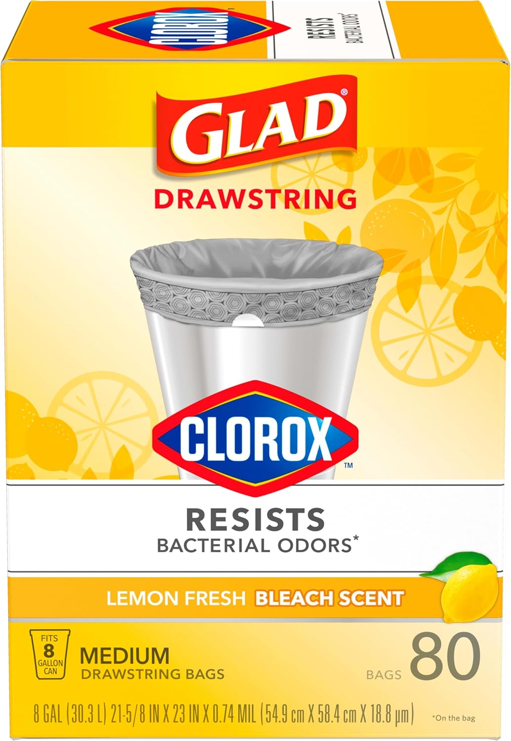 Glad Medium Drawstring Trash Bags with Clorox, 8 Gal, Lemon Fresh Bleach, 80 Ct (Package May Vary)