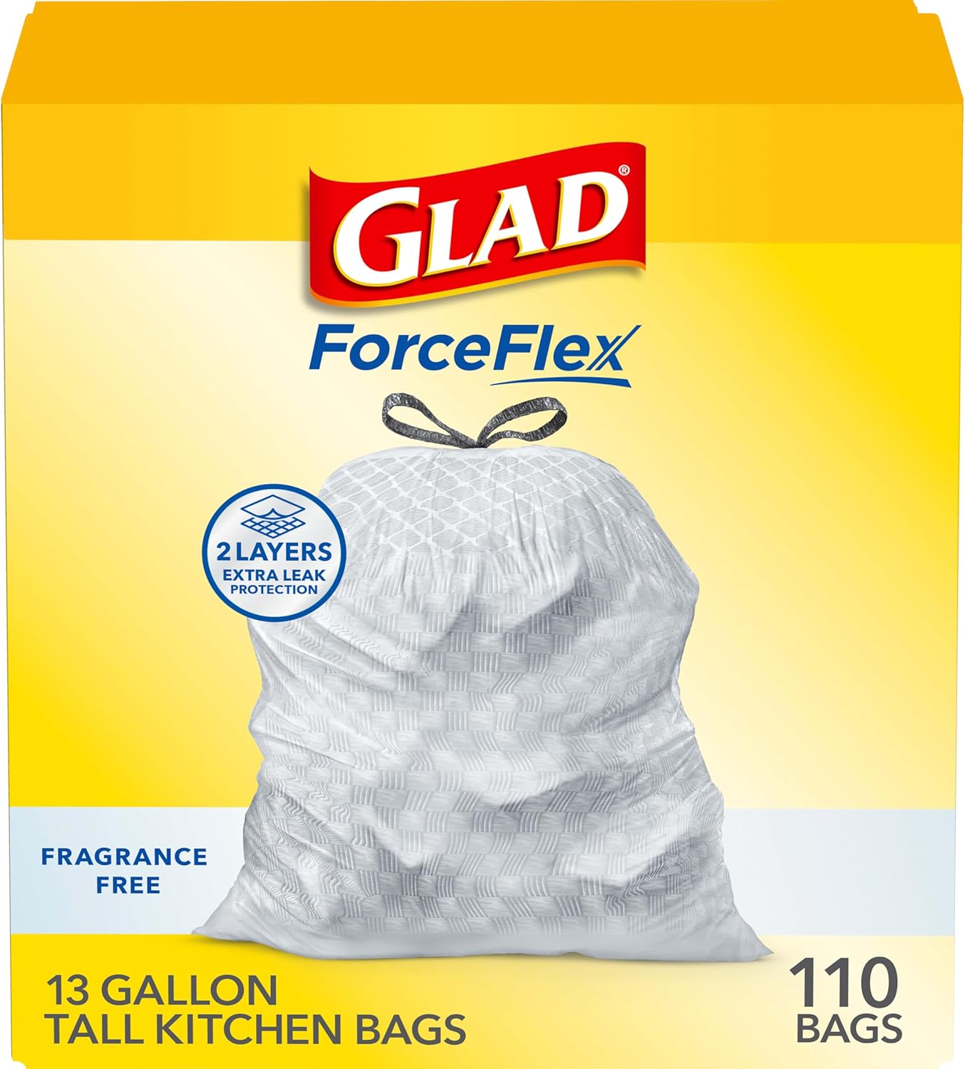 Glad ForceFlex Drawstring Trash Bags, 13 Gal, Fragrance Free, 110 Ct, Pack May Vary