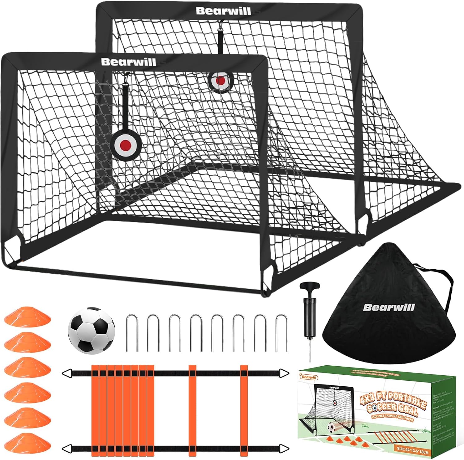 Soccer Goal, Kids Soccer Goals for Backyard Set of 2, 4x3ft Portable Soccer Goal Pop Up Soccer Net, Kids Soccer Net for Backyard Training Equipment with Soccer Ball, Ladder, Cones, Targets