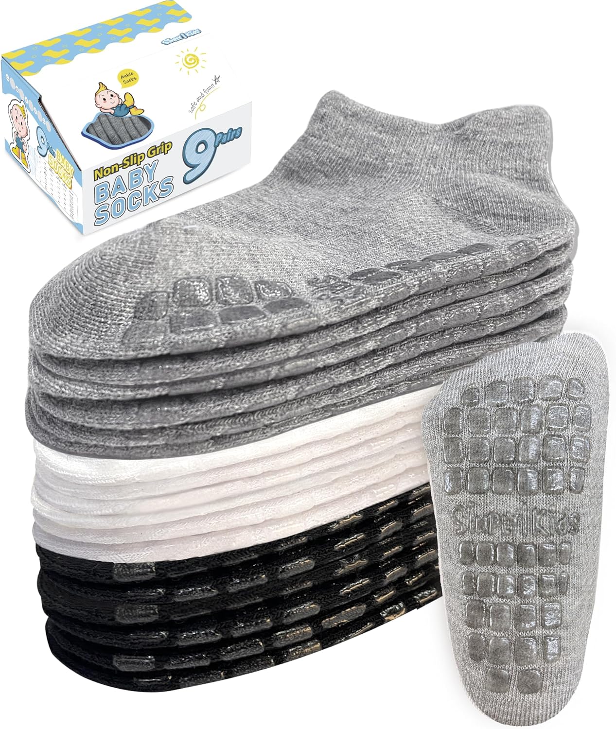 Simply Kids Non-Slip Toddler Ankle Socks (9 Pairs) – Superior Grip, Soft Cotton, for Active Baby Girls & Boys (Ages 0-7)
