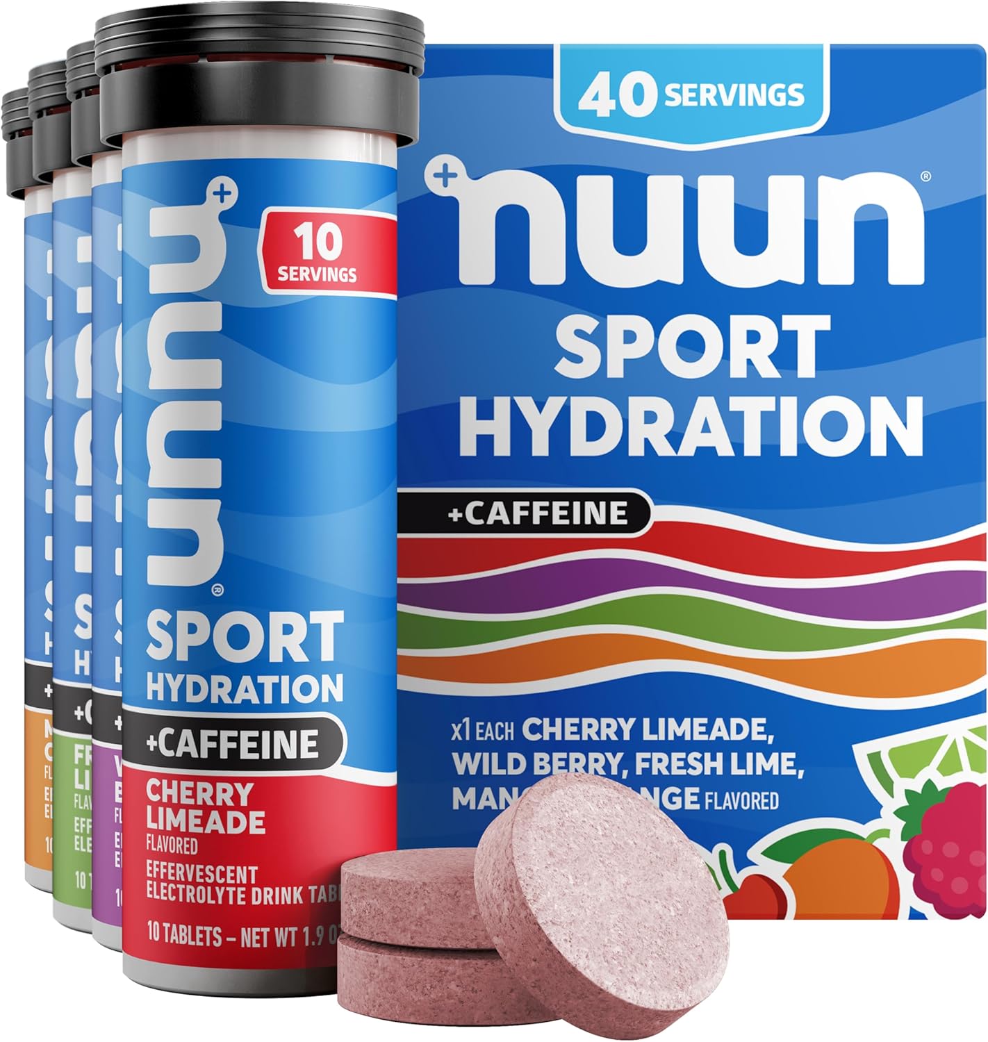 Nuun Sport Electrolyte Tablets with Caffeine from Green Tea Extract, Magnesium, Calcium, Potassium, Chloride & Sodium, Gluten Free & Vegan, Mixed Flavors, 4 Pack (40 Servings Total)